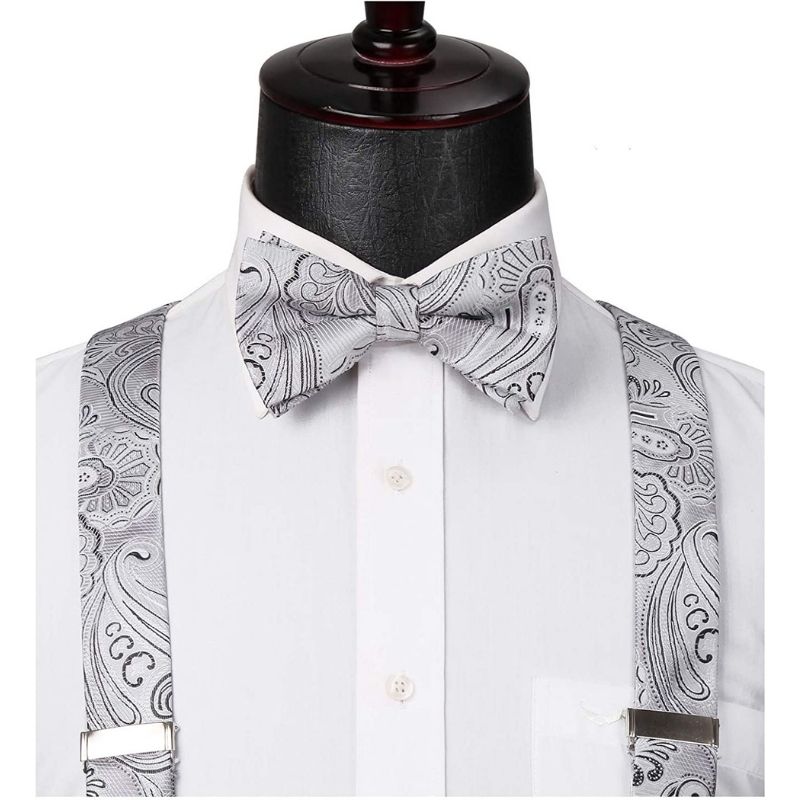 Hisdern Paisley Suspenders Pre-tied Bow Tie Set Silver Formal Accessories