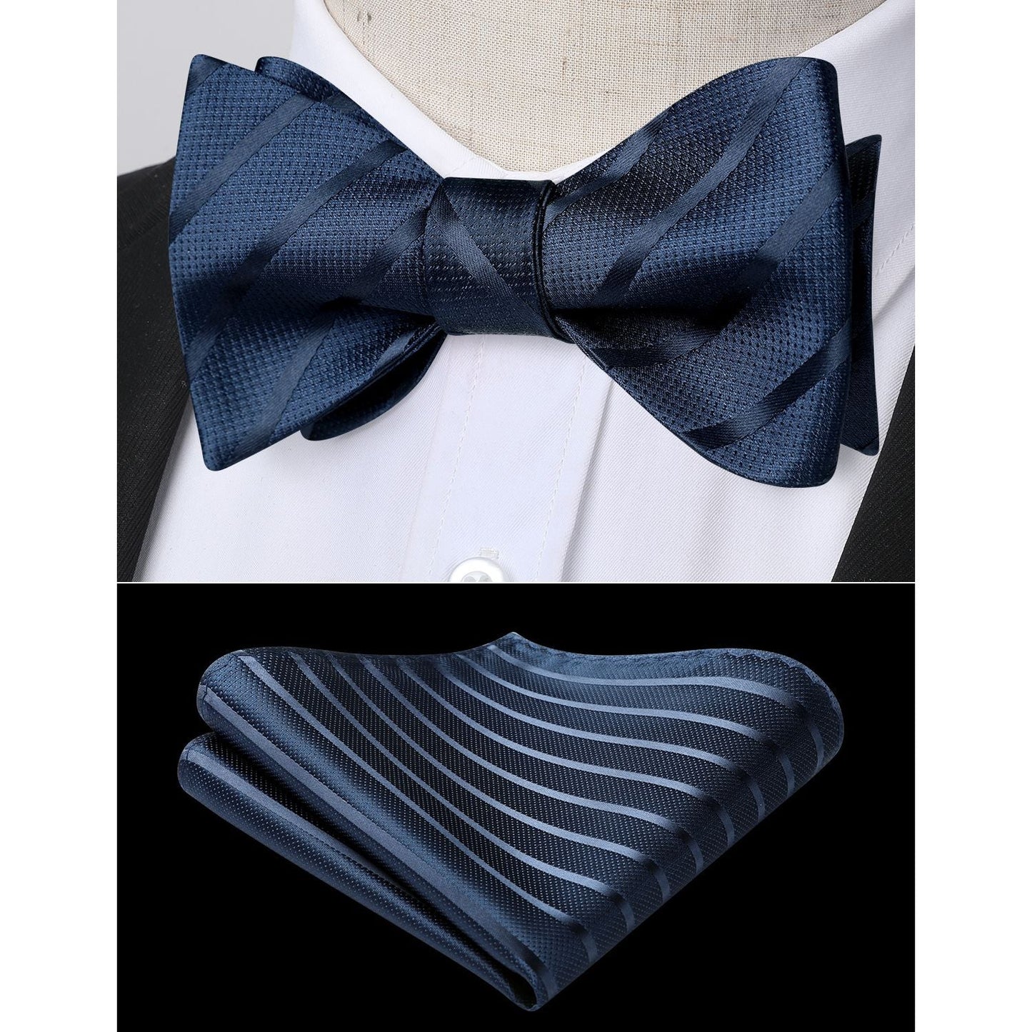 Hisdern Navy Blue Striped Bow Tie Accessories Set For Evening Wear