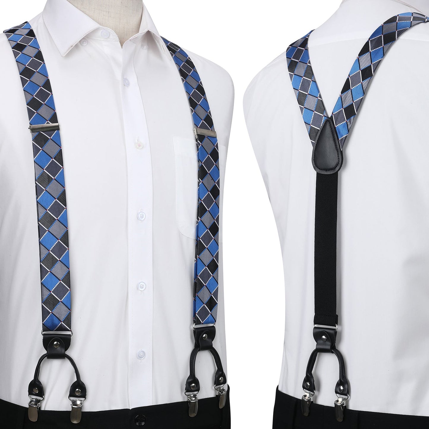 Hisdern Plaid Suspenders Bow Tie Set Blue Pattern Accessories
