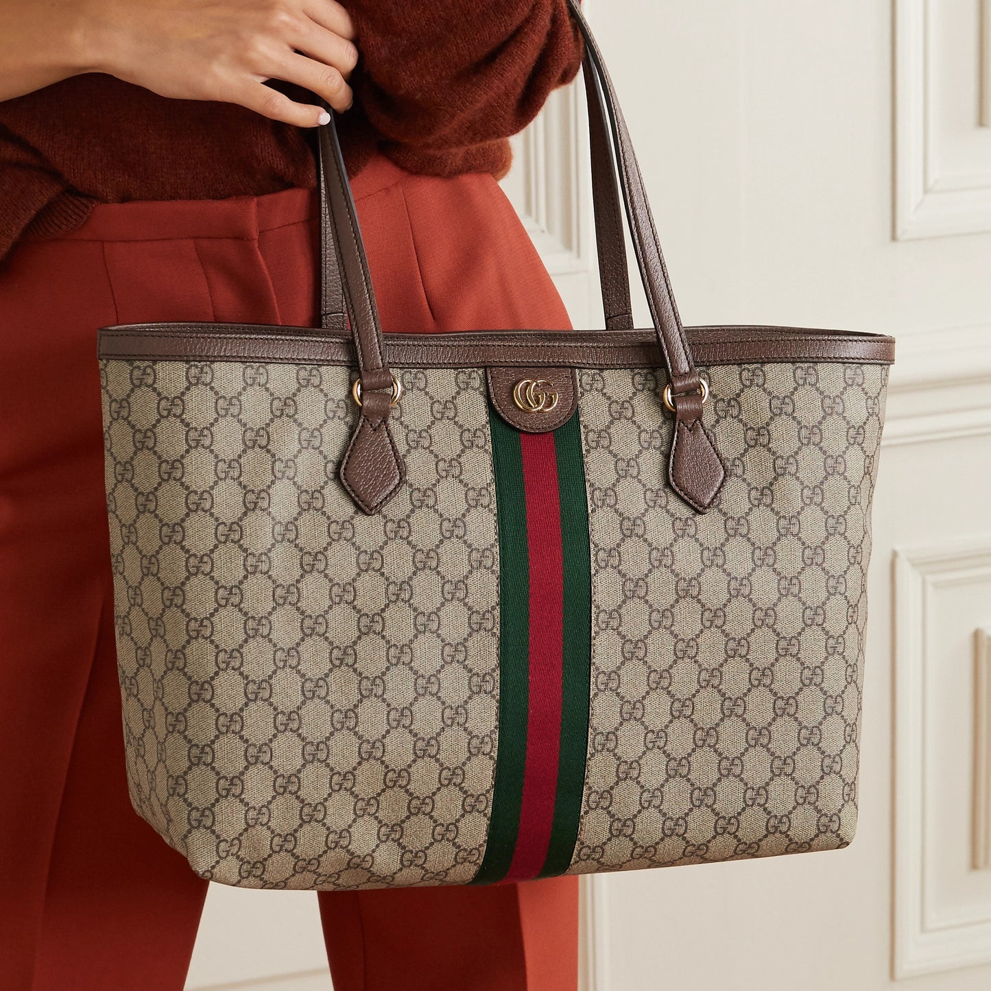 medium leather-trimmed printed coated-canvas tote