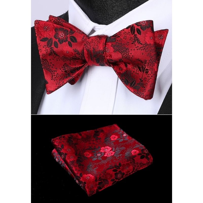 Hisdern Red Black Floral Bow Tie Set Groomsmen Wedding