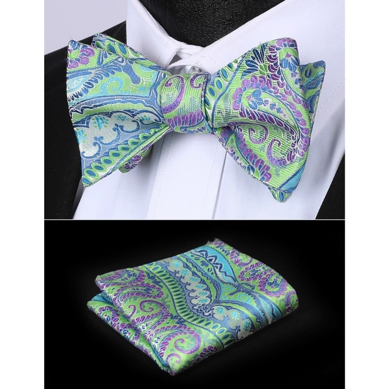 Hisdern Aqua Purple Paisley Bow Tie Set For Evening Wear