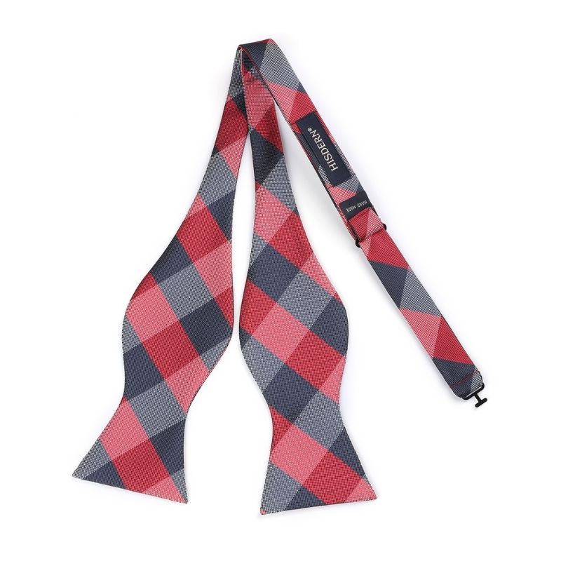 Hisdern Navy Blue Red Plaid Bow Tie Set For Special Occasions