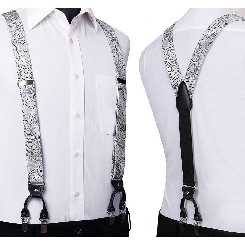 Hisdern Paisley Suspenders Pre-tied Bow Tie Set Silver Formal Accessories