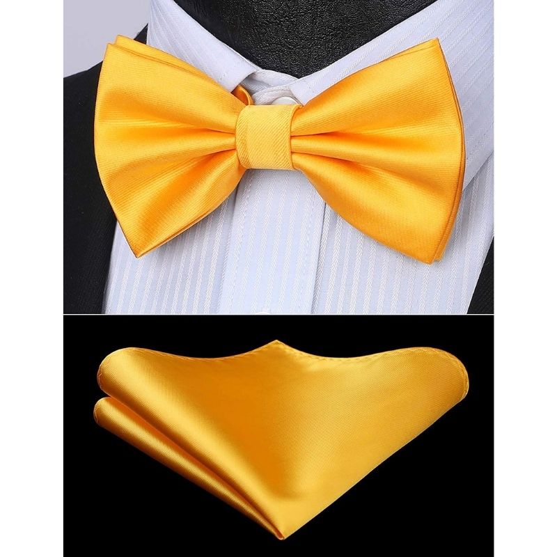 Hisdern Bight Yellow Solid Pre-Tied Bow Tie Accessories Set For Evening Wear