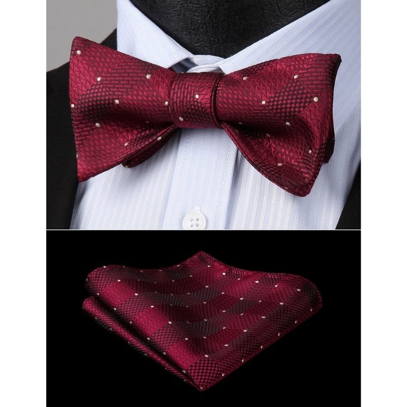 Hisdern Burgundy Plaid Bow Tie Set For Special Occasions