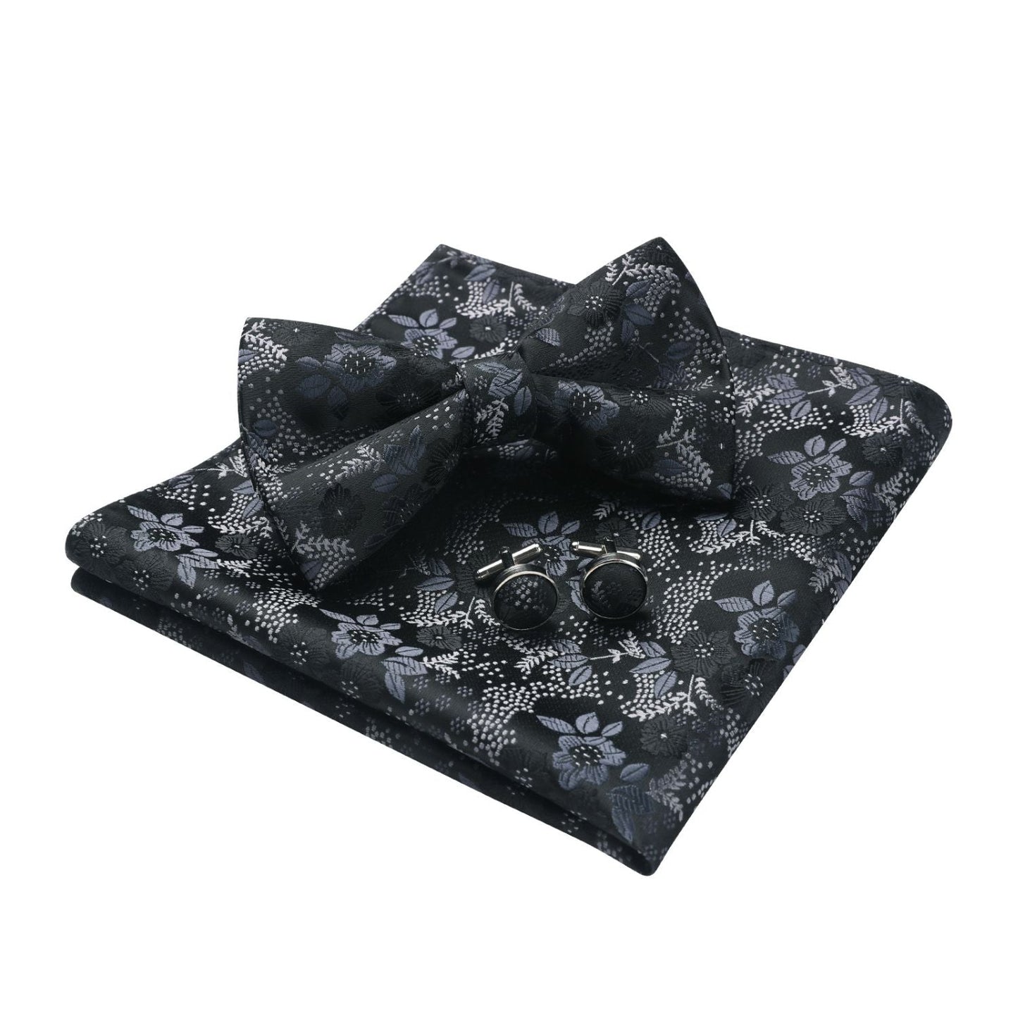 Hisdern Black Floral Pre-Tied Bow Tie Handkerchief with Cufflinks