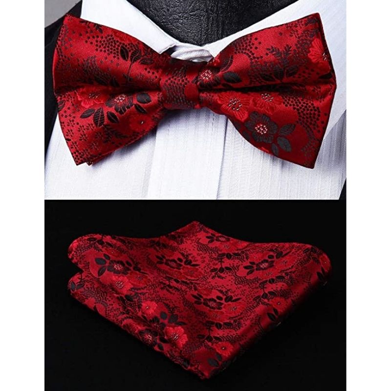 Hisdern Black Red Floral Pre-Tied Bow Tie For Evening Wear