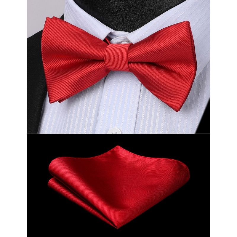 Hisdern Red Solid Pre-Tied Bow Tie Accessories Set For Evening Wear