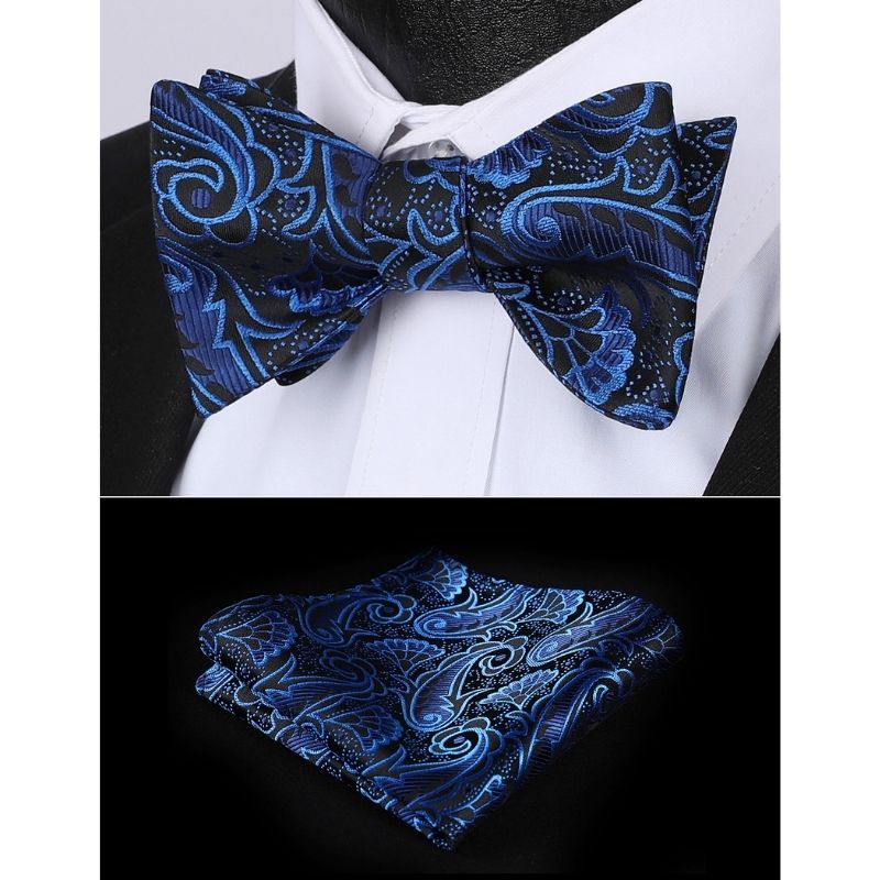 Hisdern Blue Black Paisley Bow Tie Set For Evening Wear