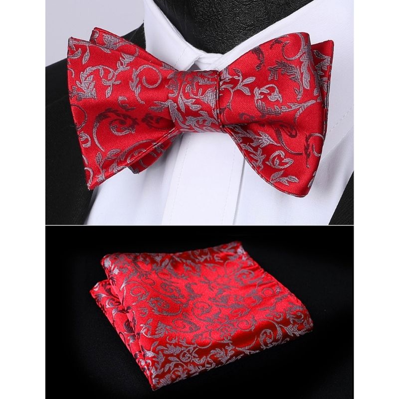Hisdern Red Floral Bow Tie Set Groomsmen Wedding