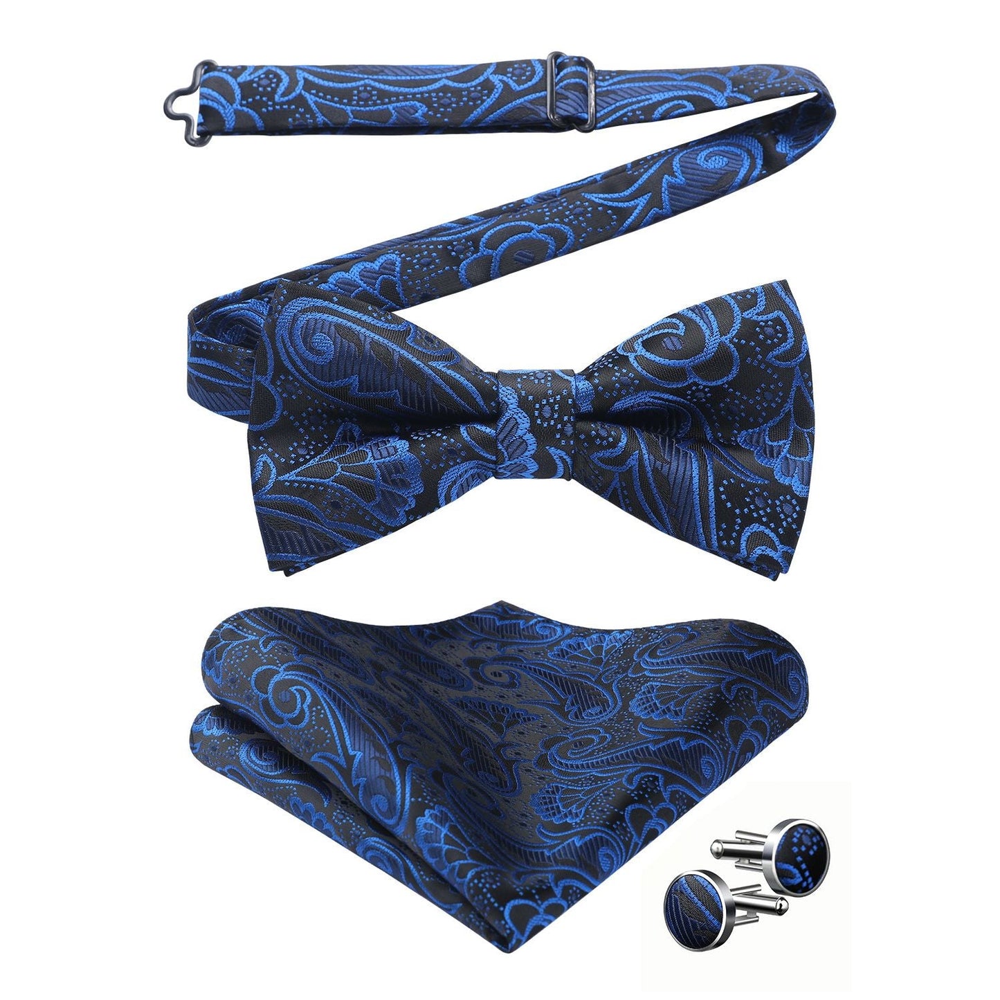 Hisdern Navy Blue Paisley Pre-Tied Bow Tie Handkerchief with Cufflinks