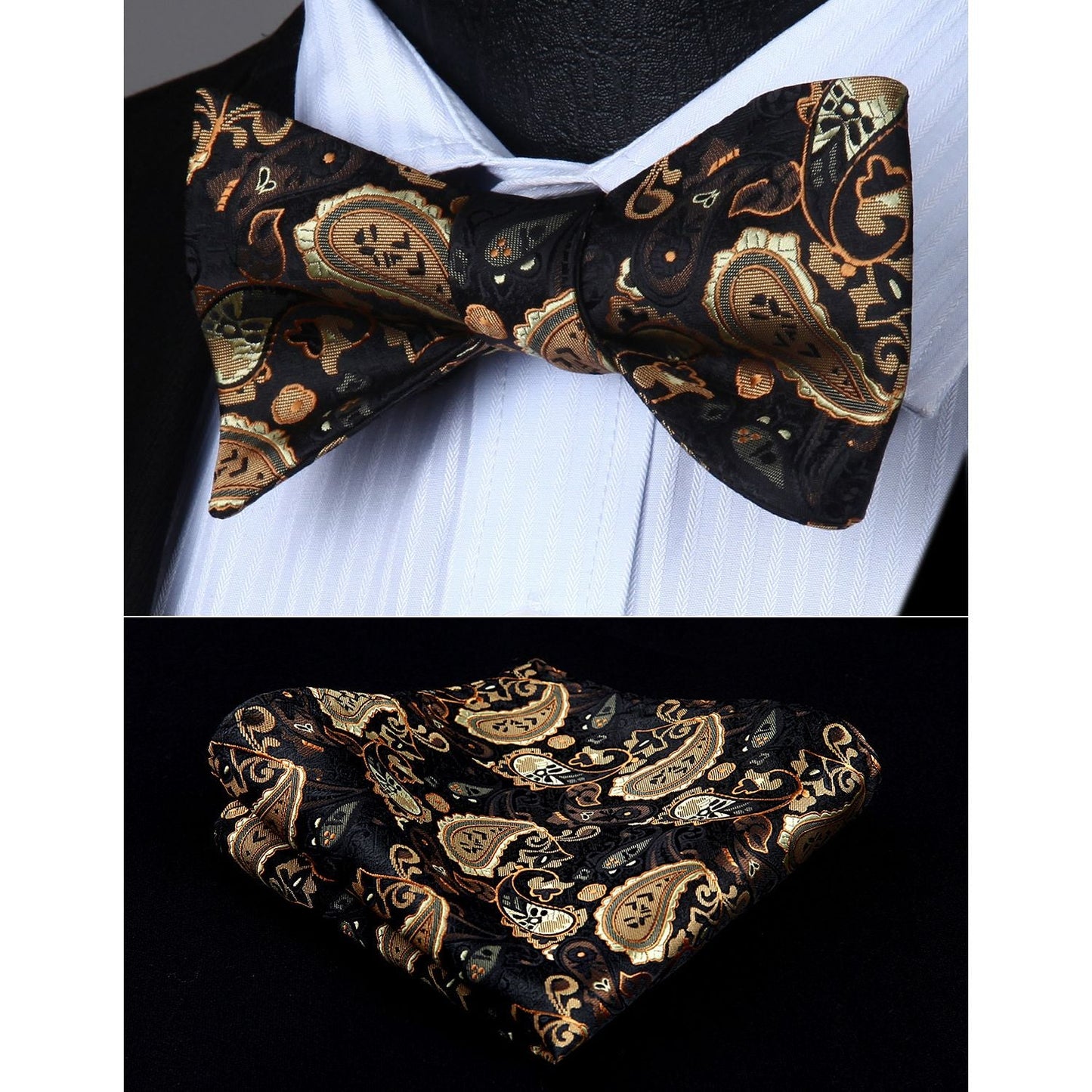 Hisdern Gold Black Paisley Bow Tie Set For Evening Wear
