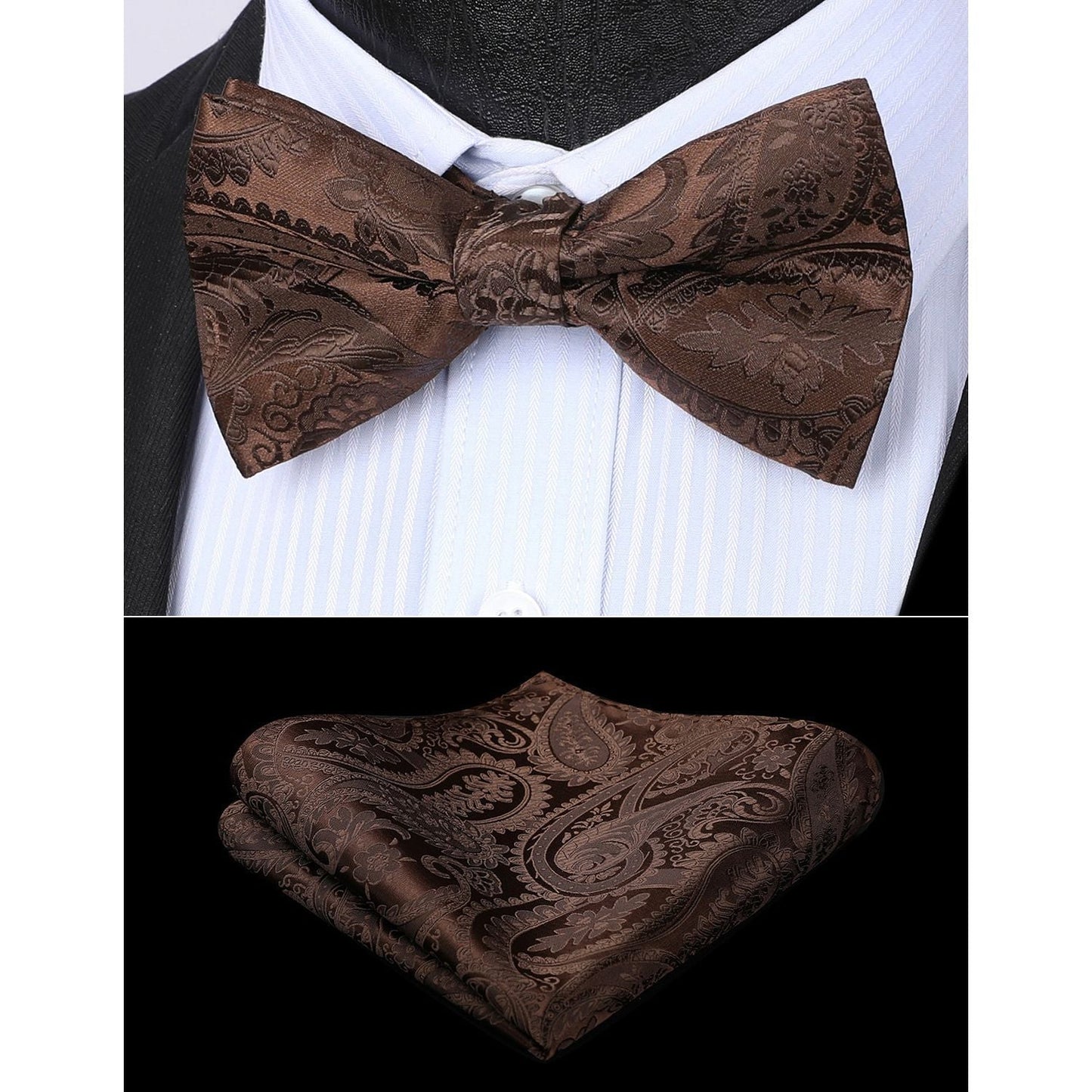 Hisdern Vintage Brown Paisley Pre-Tied Bow Tie Set for Wedding
