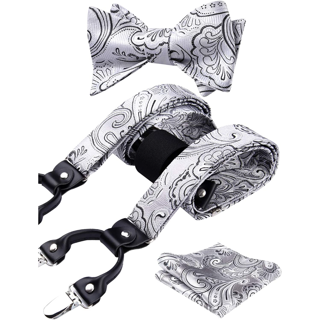 Hisdern Paisley Suspenders Bow Tie Set Silver Black Formal Accessories