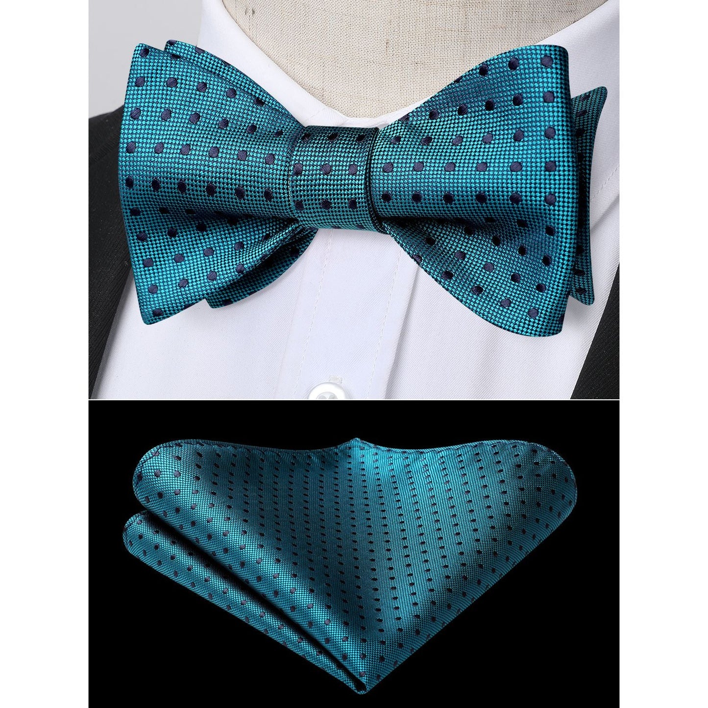 Hisdern Polka Dots Green Navy Blue Bow Tie Set for Party Wedding