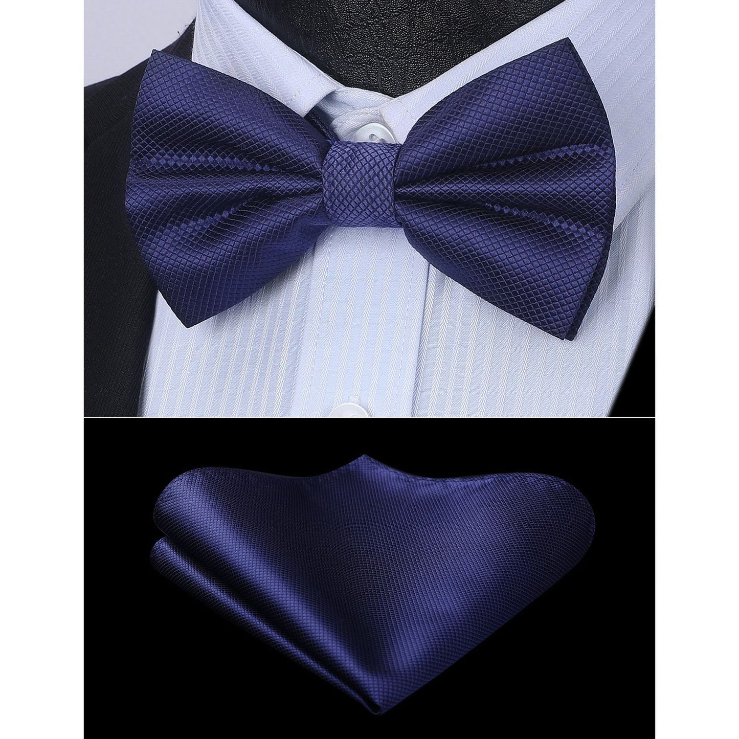 Hisdern Navy Blue Solid Pre-Tied Bow Tie Accessories Set For Evening Wear