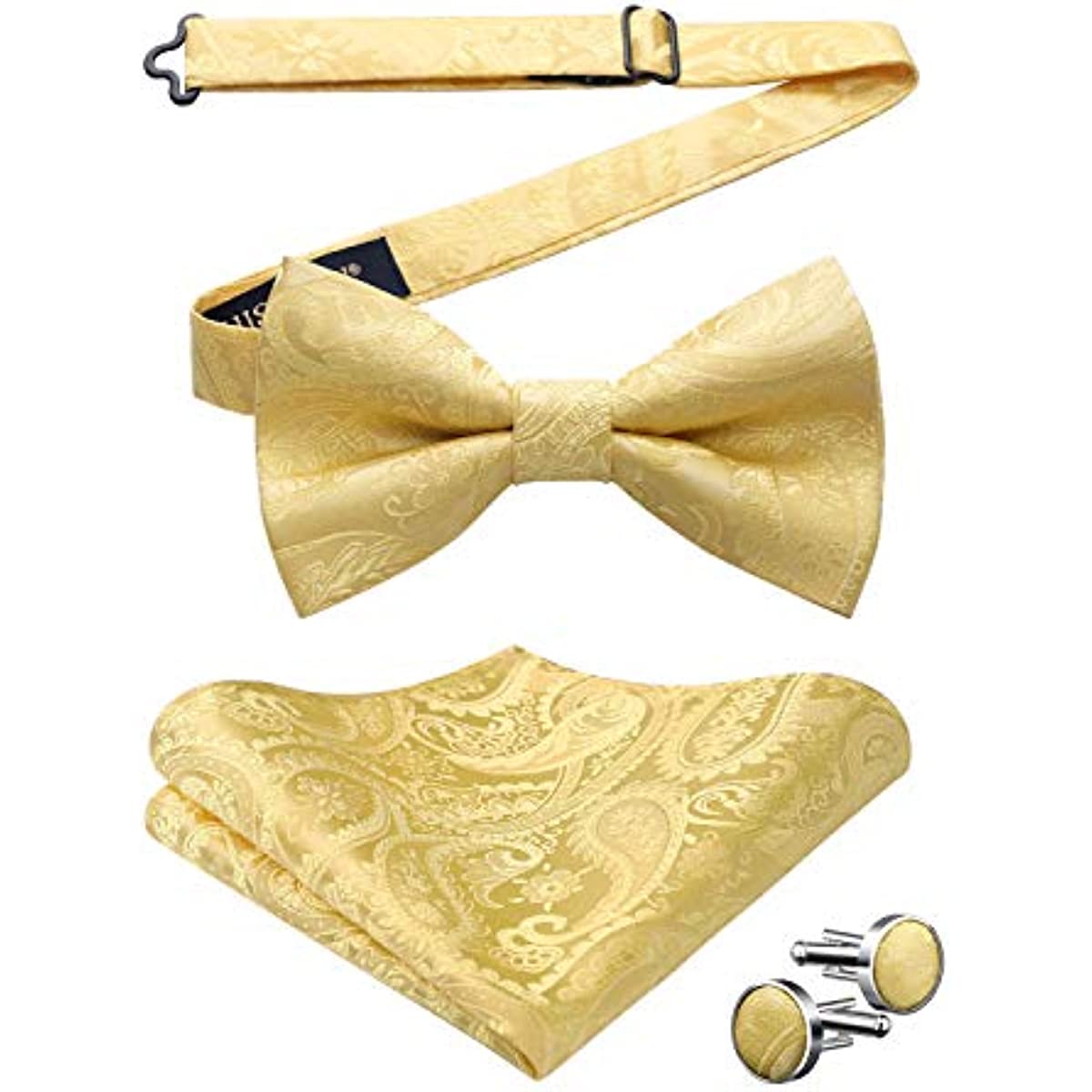 Hisdern Yellow Paisley Pre-Tied Bow Tie Handkerchief with Cufflinks