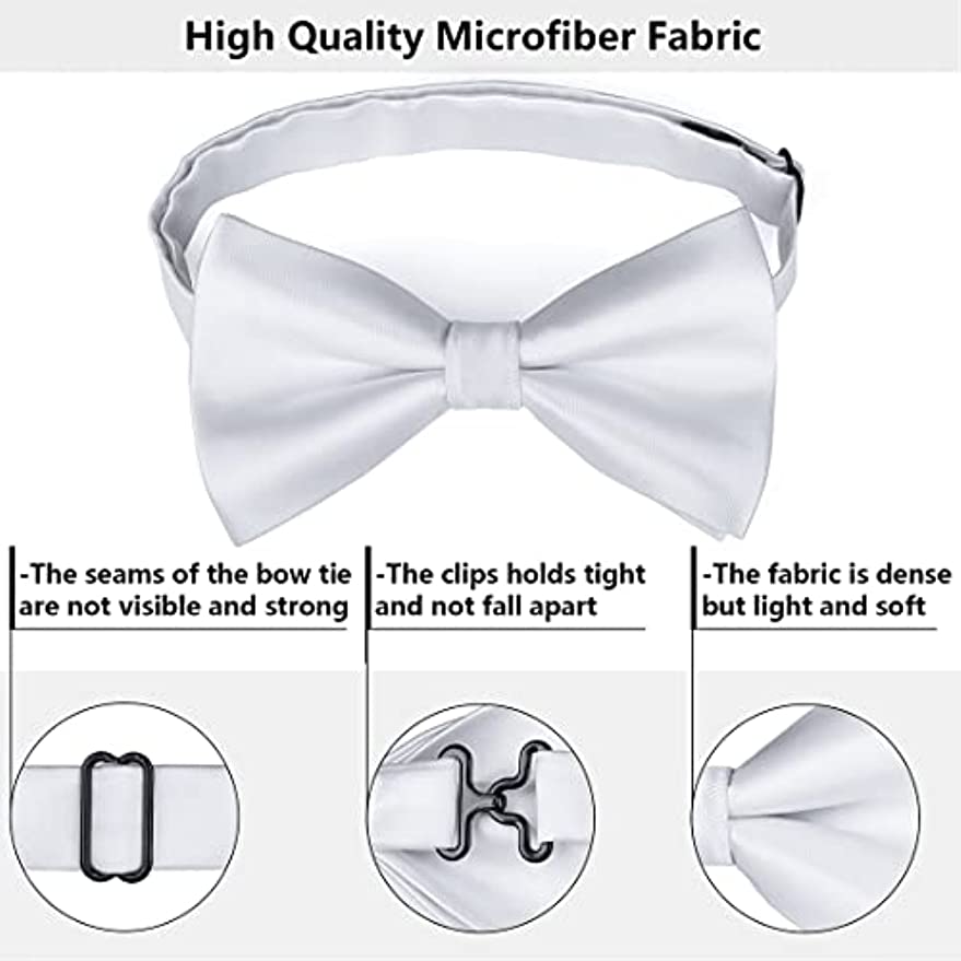 Hisdern White Solid Pre-Tied Bow Tie Accessories Set For Evening Wear