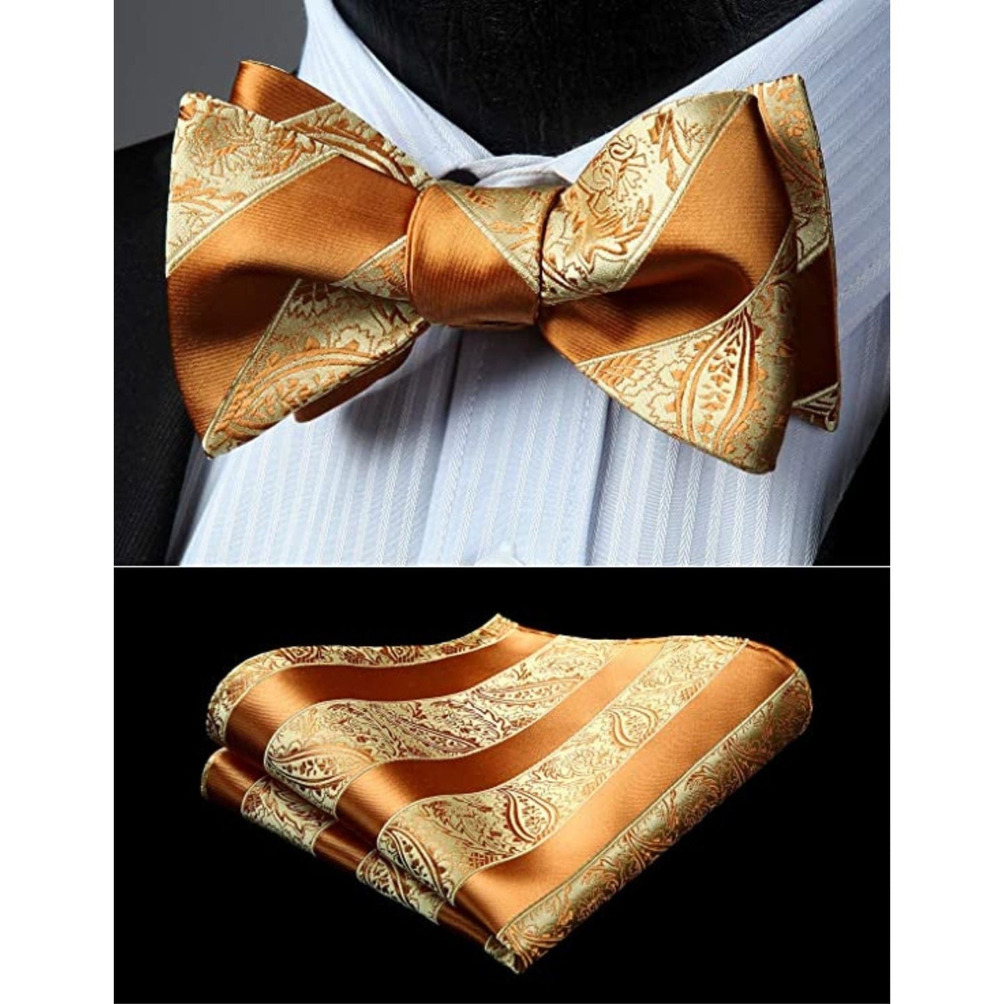 Hisdern Golden Striped Bow Tie Accessories Set For Evening Wear