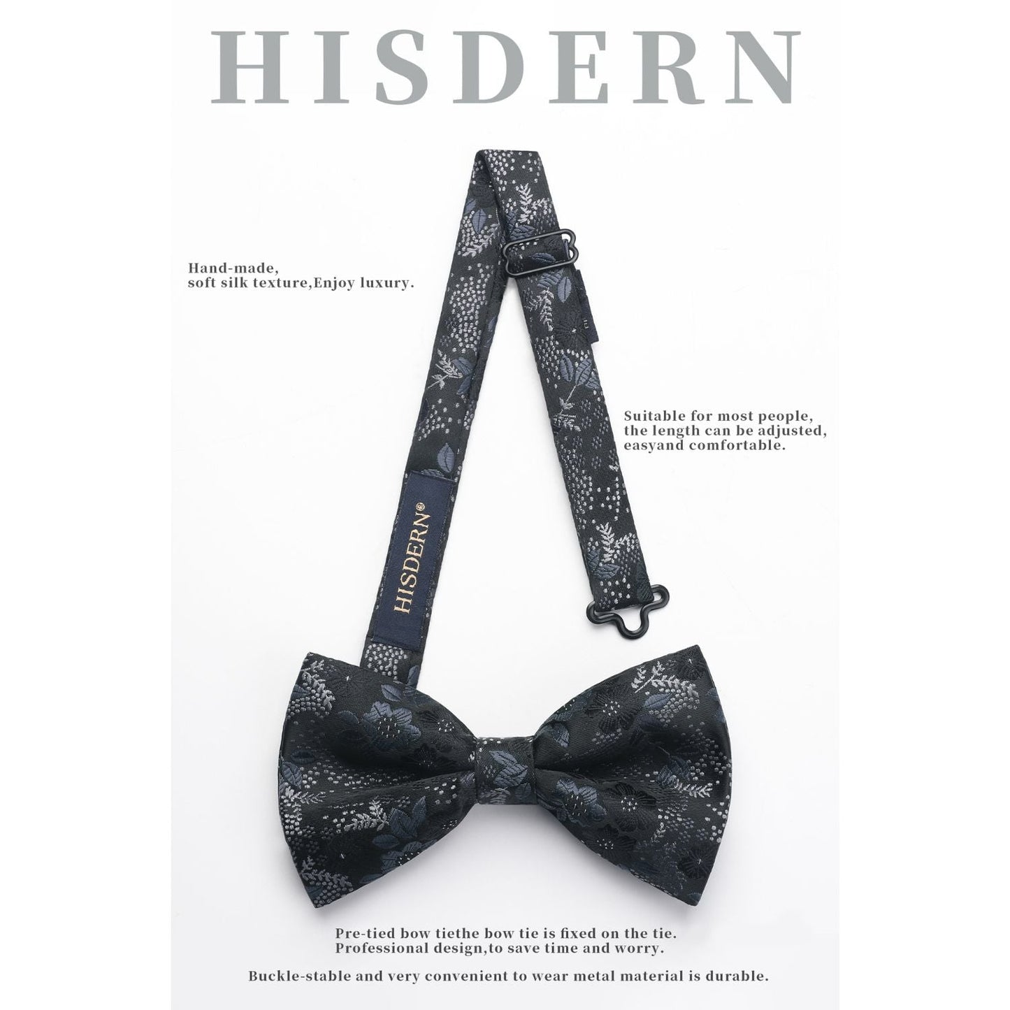 Hisdern Black Floral Pre-Tied Bow Tie Handkerchief with Cufflinks