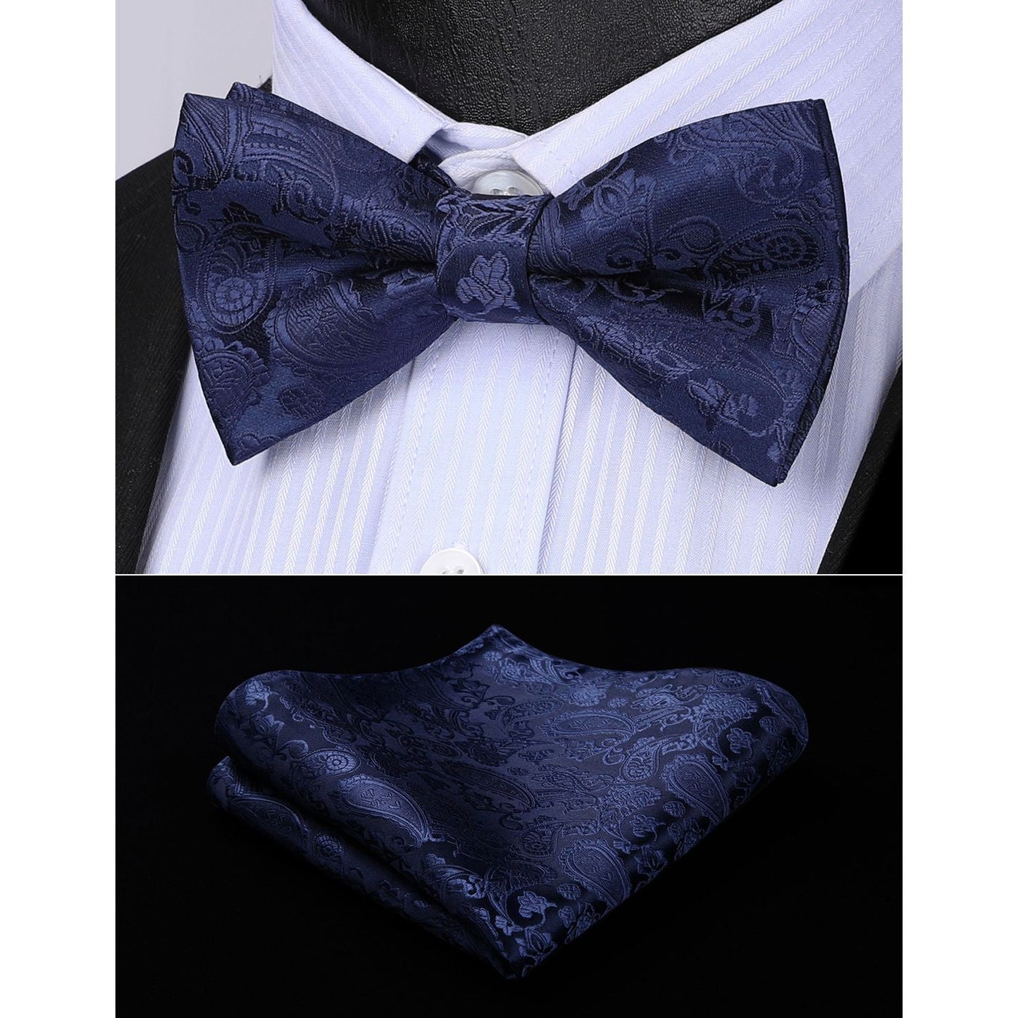 Hisdern Blue Paisley Pre-Tied Bow Tie Set for Wedding