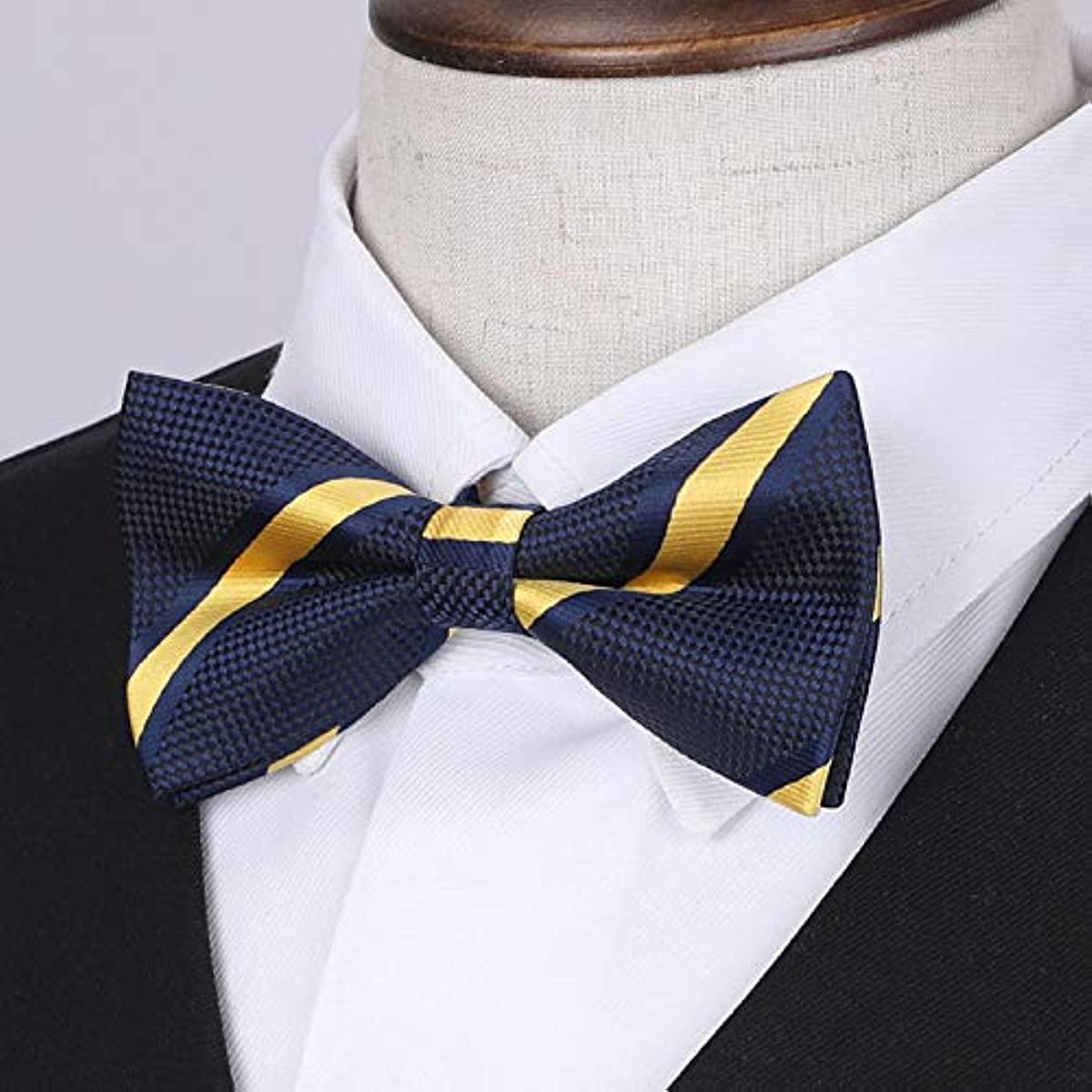 Hisdern Navy Blue Yellow Striped Pre-Tied Bow Tie for Boys