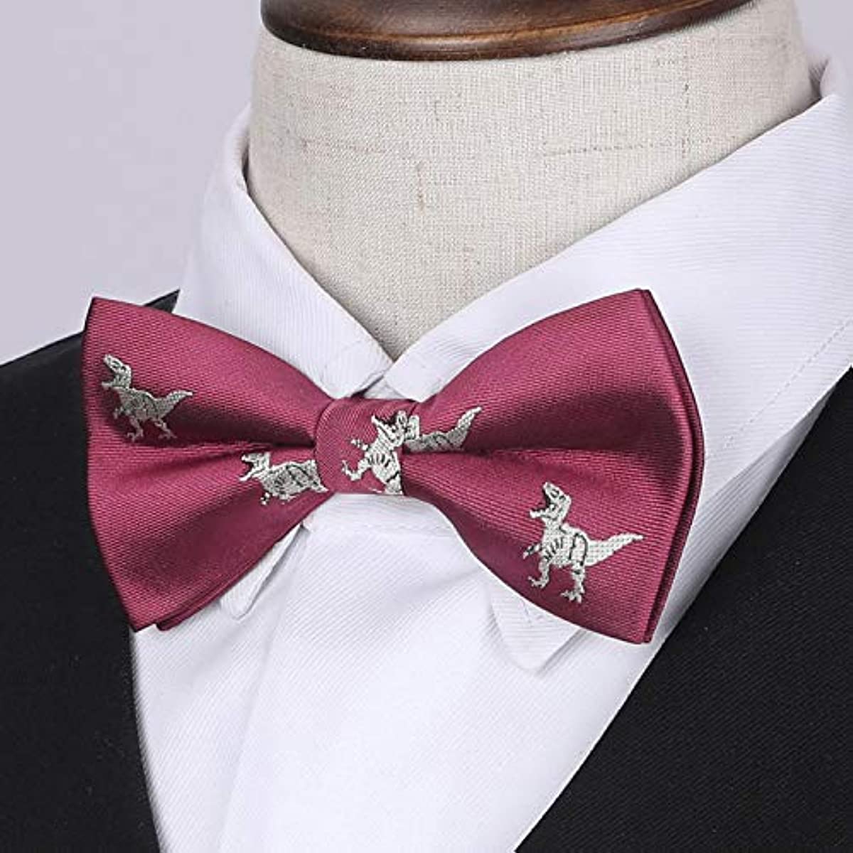 Hisdern Dinosaur Burgundy Animal Pre-Tied Bow Tie for Boys