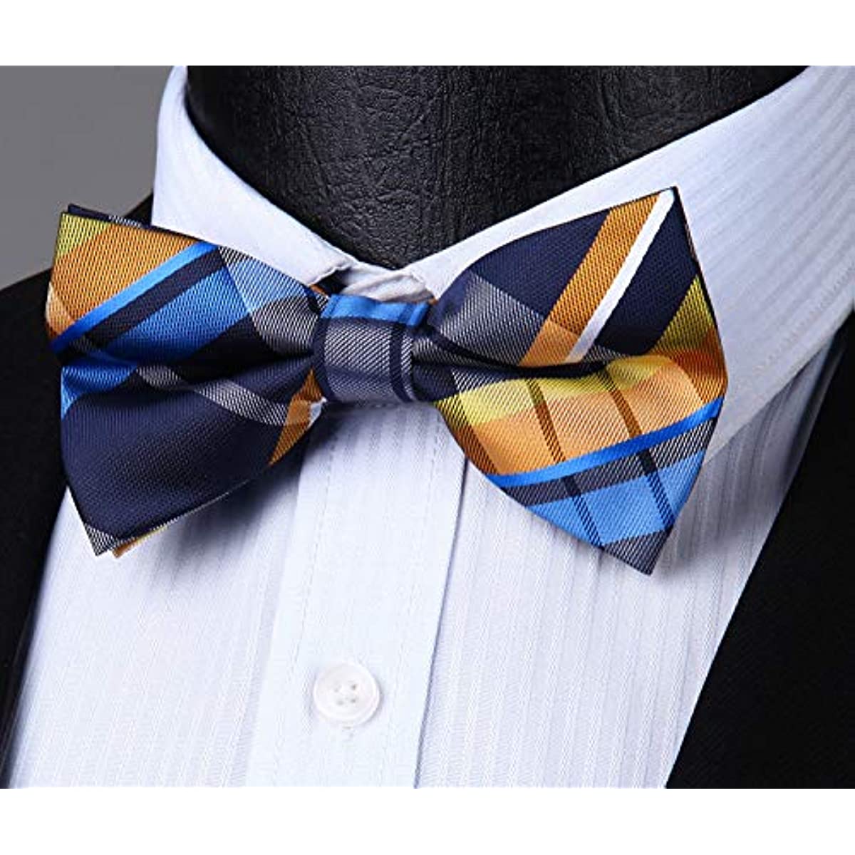 Hisdern Blue Yellow Plaid Pre-Tied Bow Tie for Men Classic Formal Business