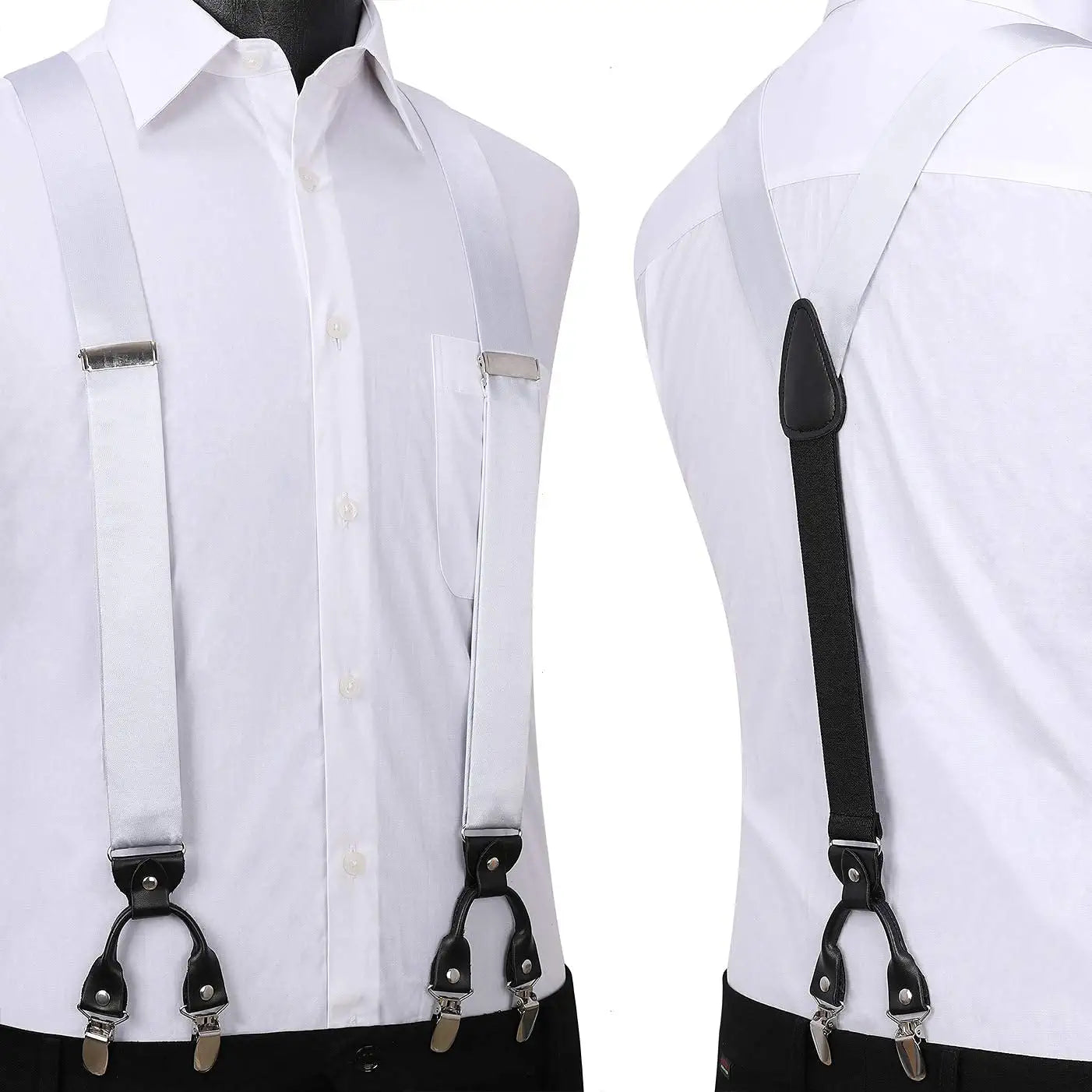 Hisdern Solid Suspenders Pre-Tied Bow Tie Set Silver Formal Wedding Outfit