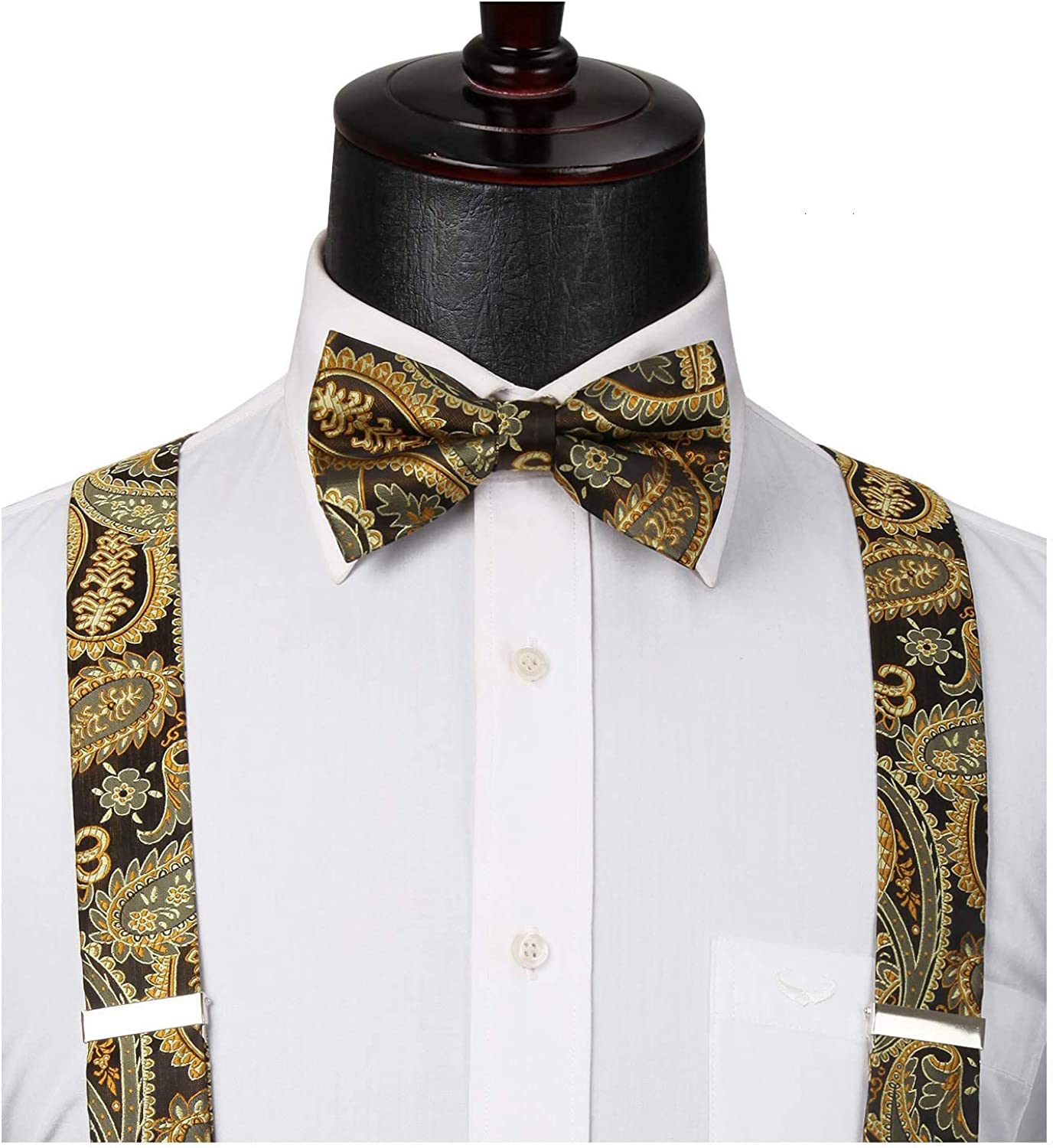 Hisdern Paisley Suspenders Pre-tied Bow Tie Set Gold Formal Accessories