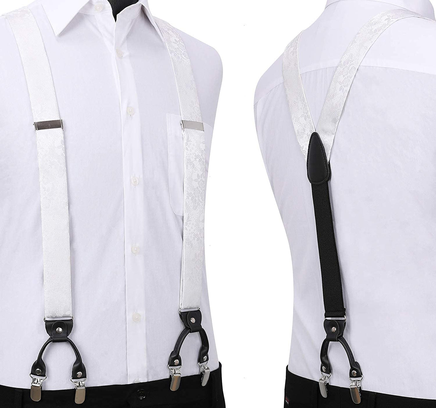 Hisdern Floral Suspenders Pre-tied Bow Tie Set White Formal Accessories