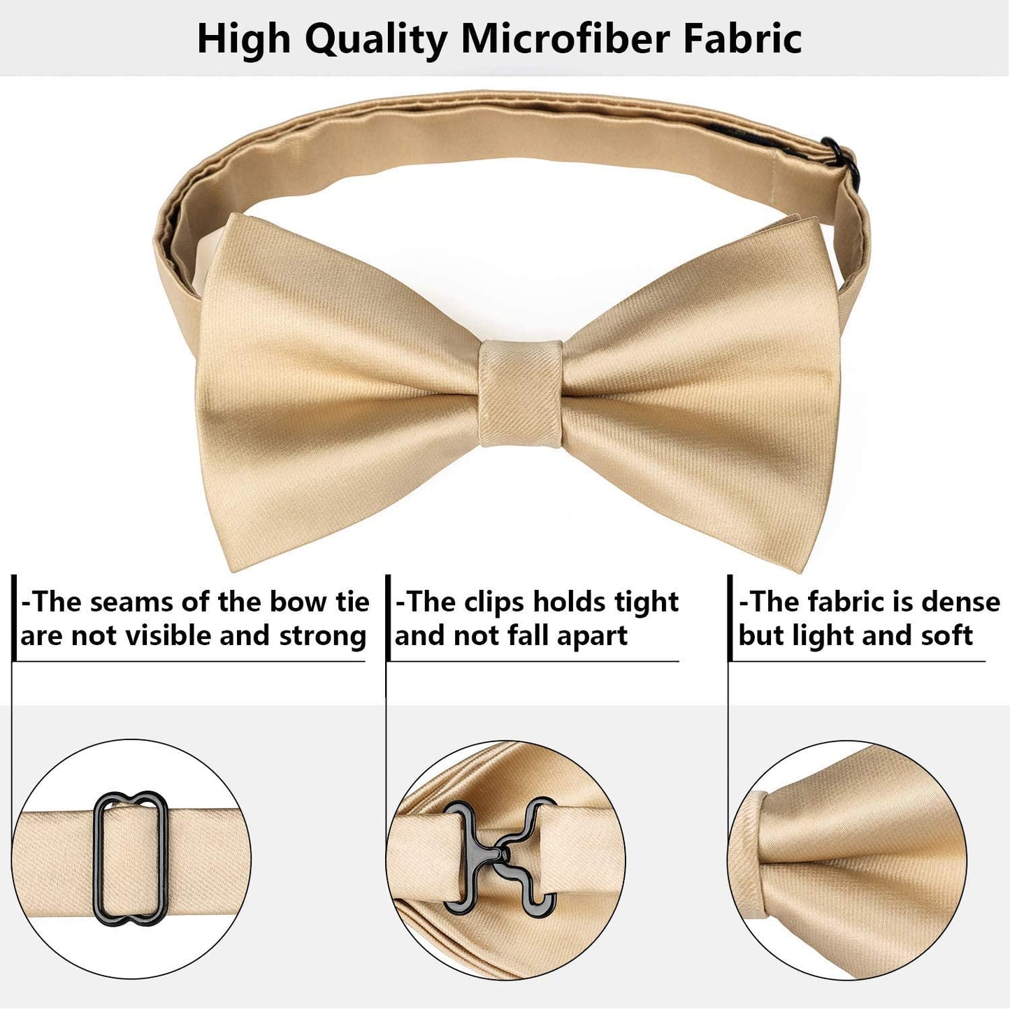 Hisdern Champagne Solid Pre-Tied Bow Tie Adjustable For Wedding Party
