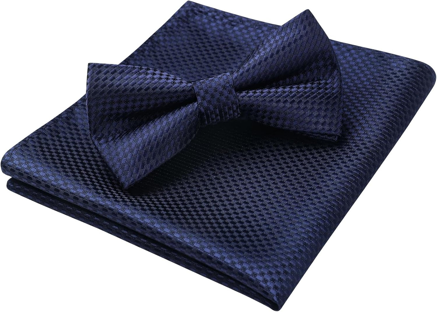 Hisdern Navy Blue Plaid Pre-Tied Bow Tie Accessories Set For Evening Wear