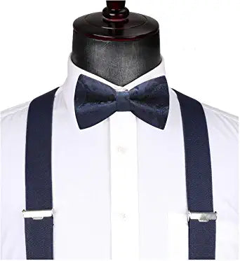 Hisdern Navy Blue Paisley Suspenders Pre-Tied Bow Tie Set Formal Wedding