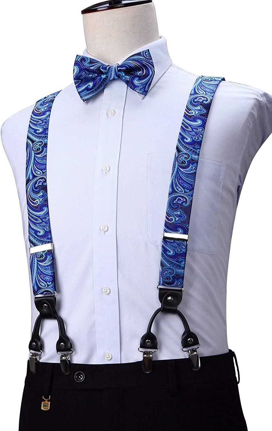 Hisdern Paisley Suspenders Pre-tied Bow Tie Set Blue Formal Accessories