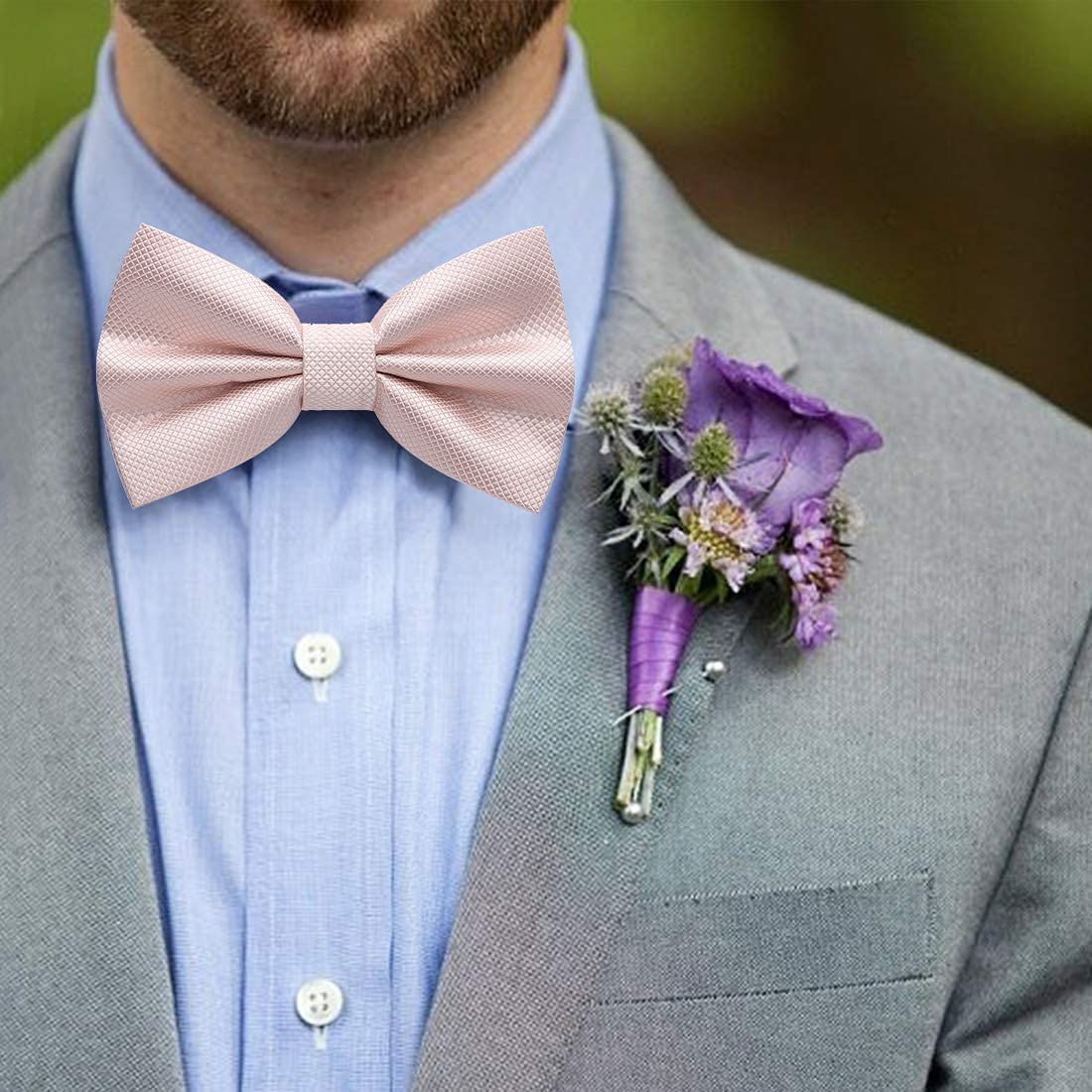 Hisdern Light Pink Solid Pre-Tied Bow Tie Accessories Set For Evening Wear