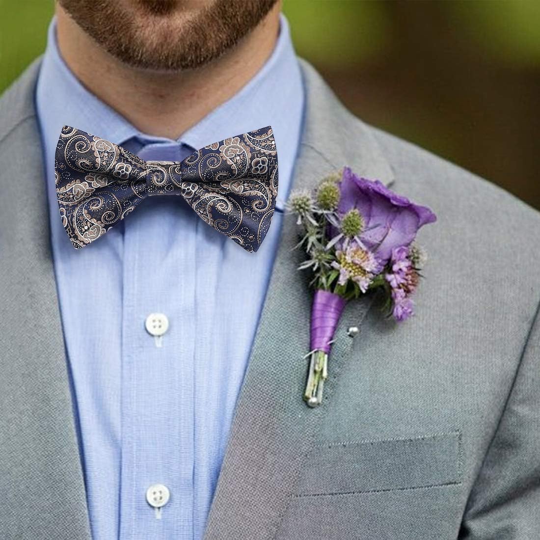 Hisdern Vintage Blue Green Paisley Pre-Tied Bow Tie for Wedding