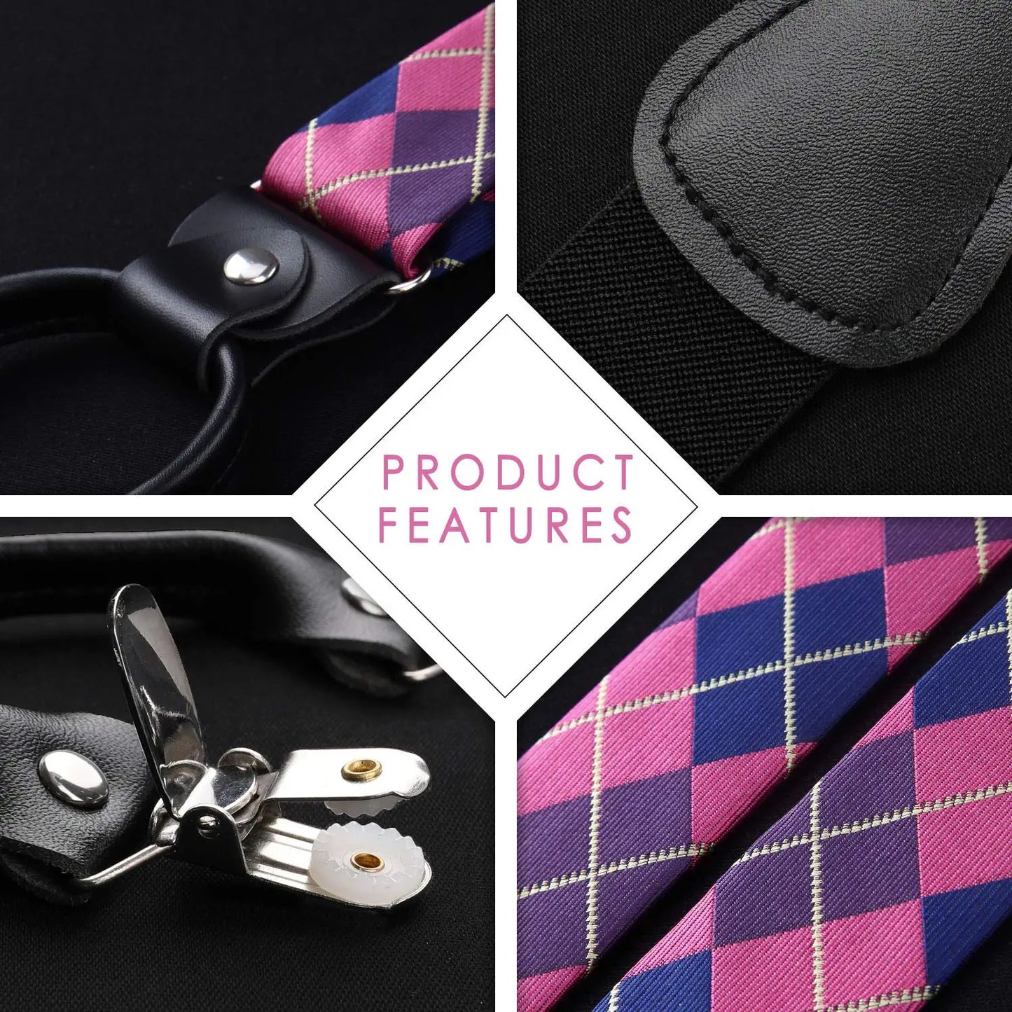 Hisdern Plaid Suspenders Bow Tie Set Hot Pink Pattern Accessories