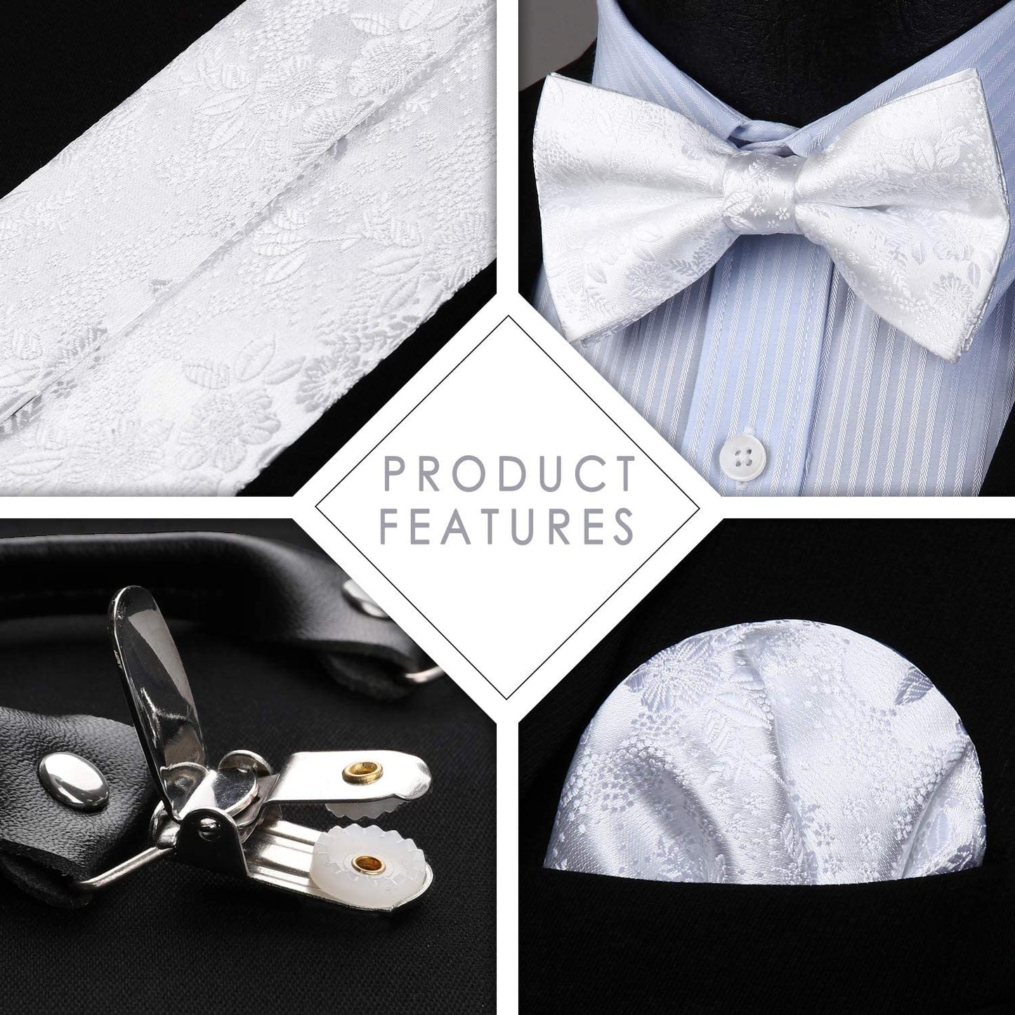 Hisdern Floral Suspenders Pre-tied Bow Tie Set White Formal Accessories