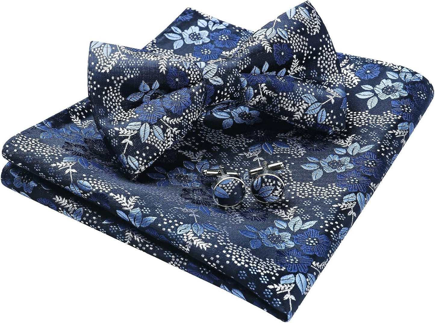 Hisdern Dark Blue Floral Pre-Tied Bow Tie Handkerchief with Cufflinks