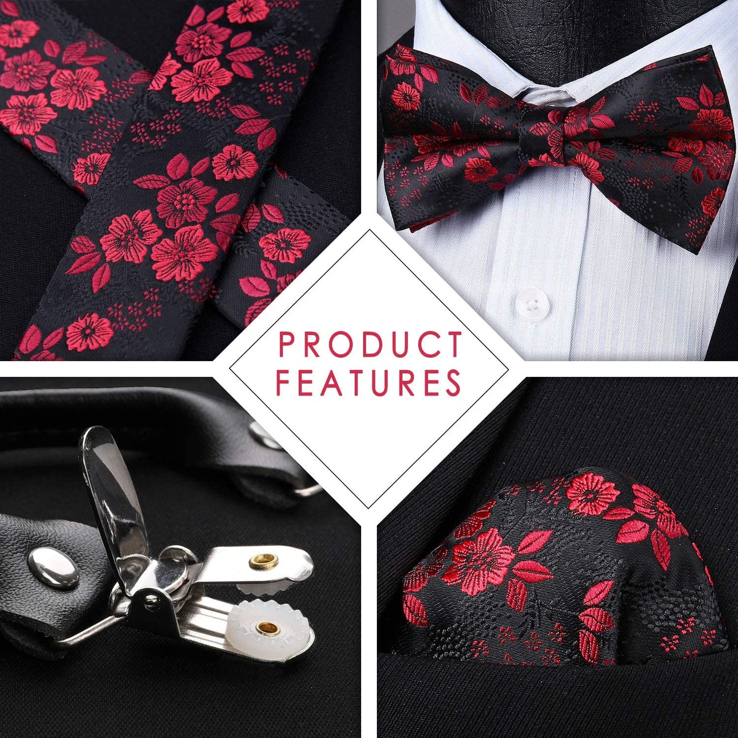 Hisdern Paisley Suspenders Pre-tied Bow Tie Set Red Black Formal Accessories