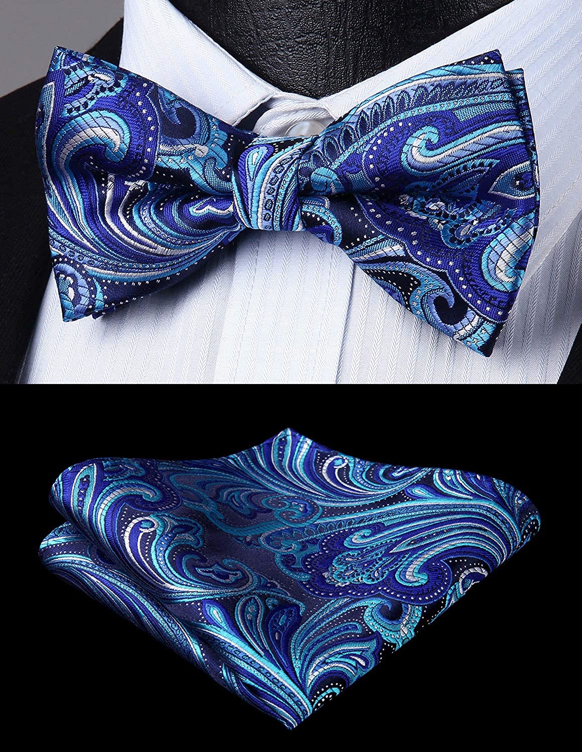 Hisdern Paisley Suspenders Pre-tied Bow Tie Set Blue Formal Accessories