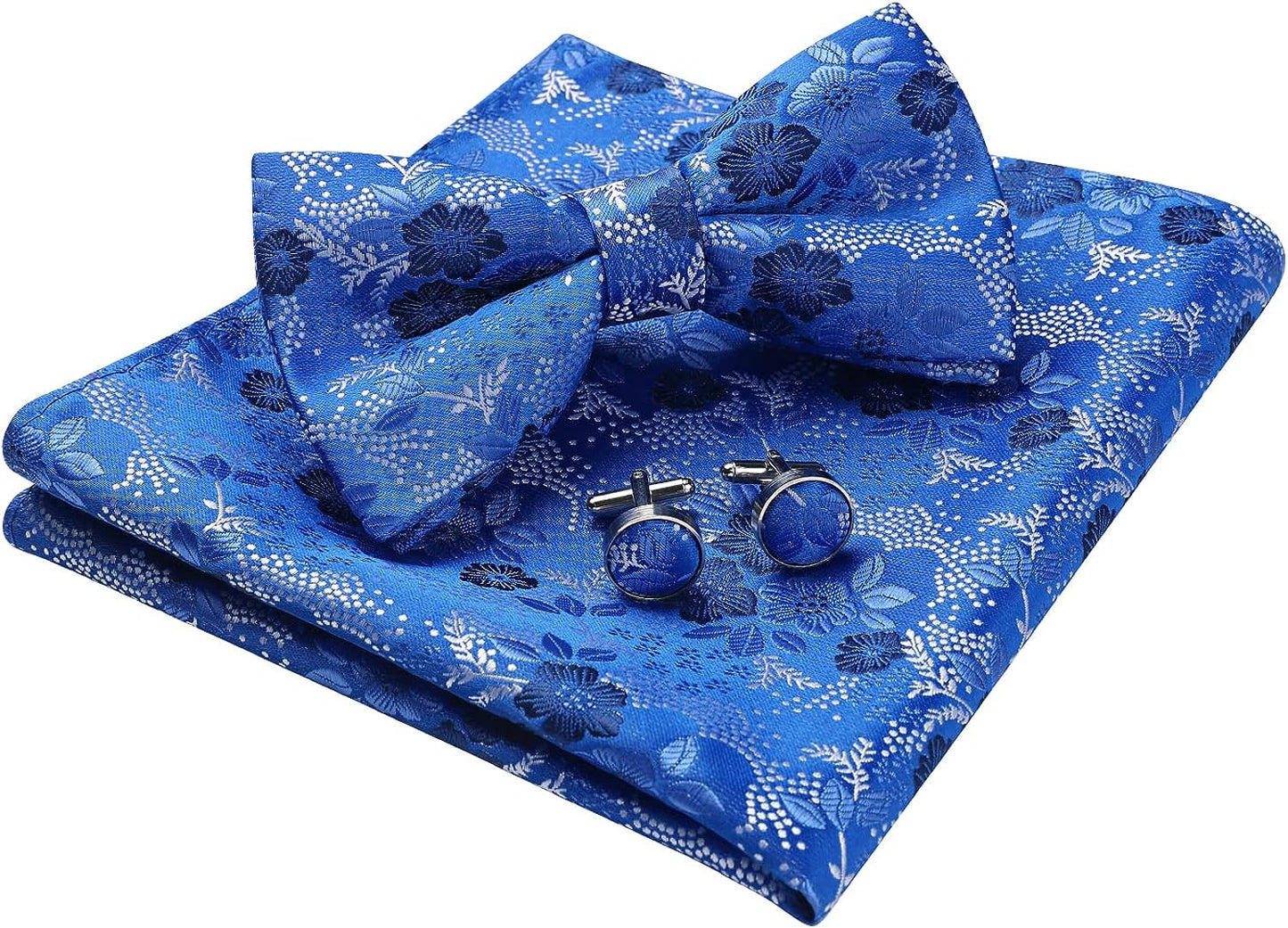Hisdern Blue Floral Pre-Tied Bow Tie Handkerchief with Cufflinks