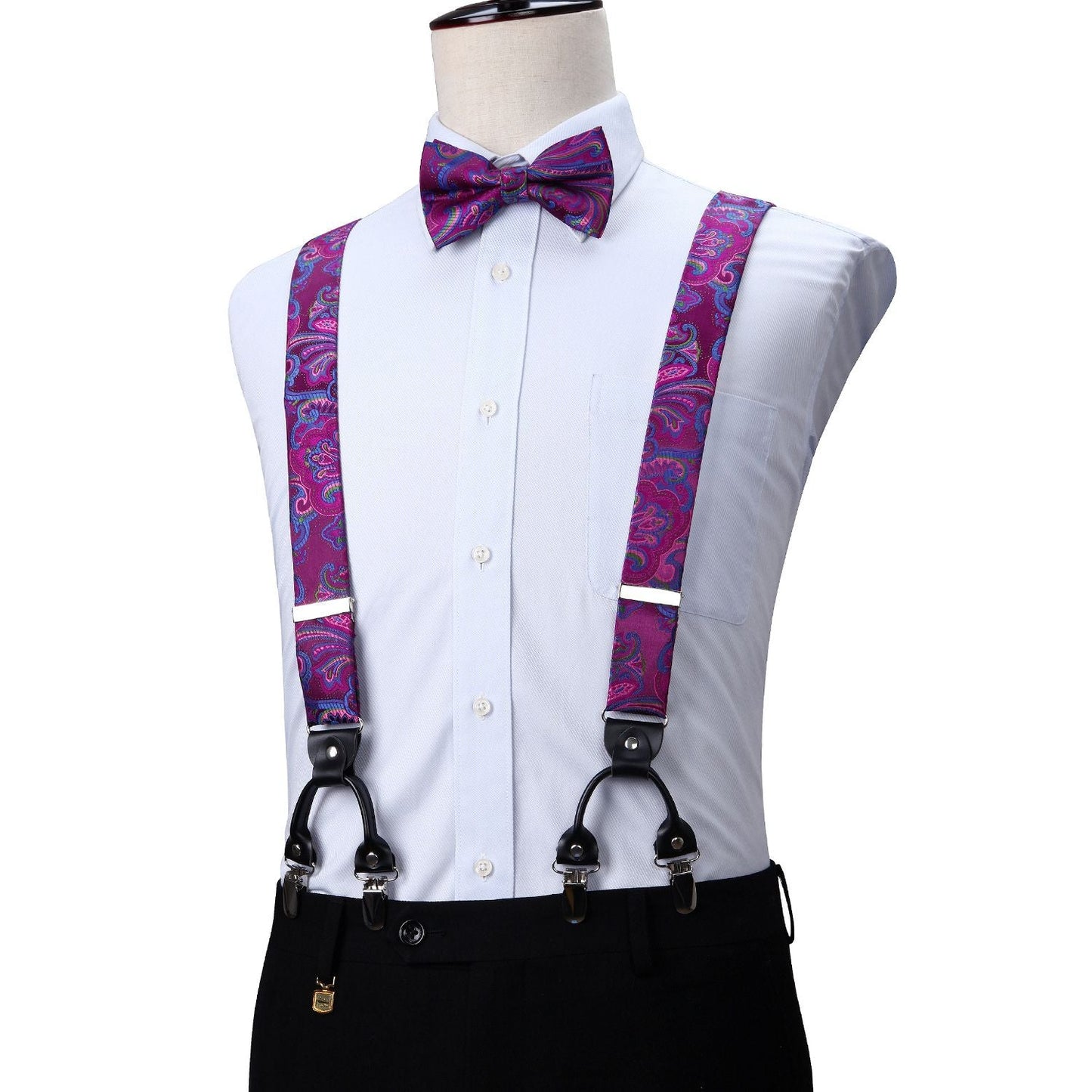 Hisdern Paisley Suspenders Pre-tied Bow Tie Set Purple Formal Accessories