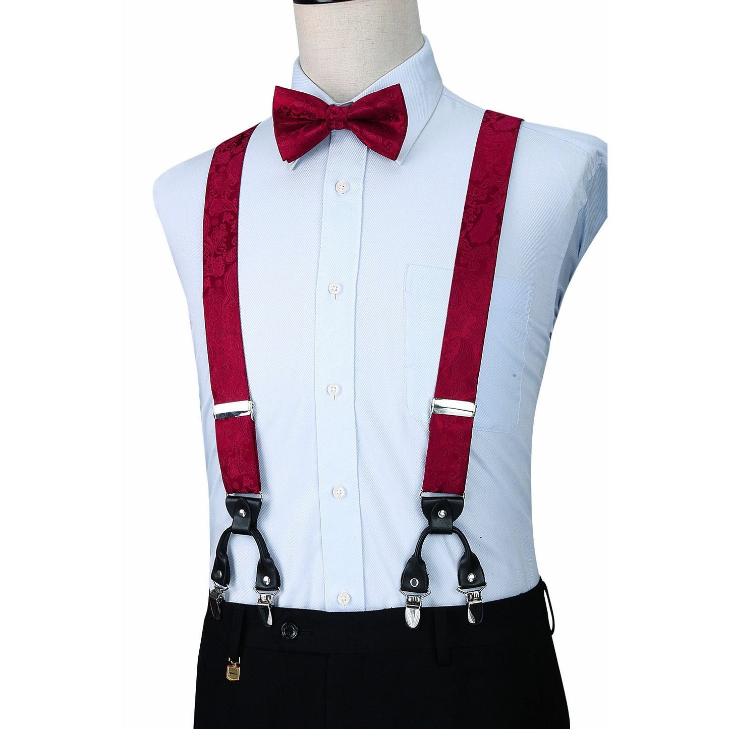 Hisdern Paisley Suspenders Pre-tied Bow Tie Set Red Formal Accessories