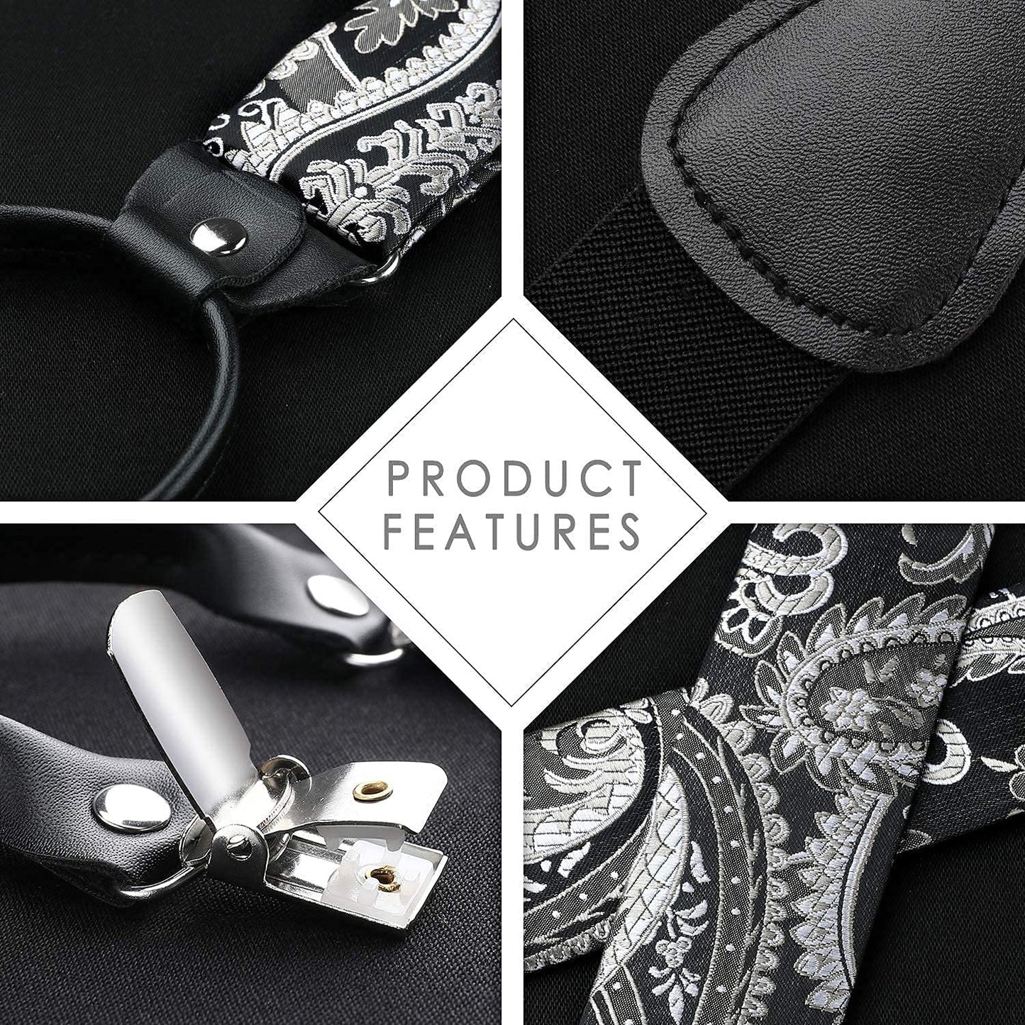 Hisdern Paisley Suspenders Bow Tie Set Grey Black Formal Accessories