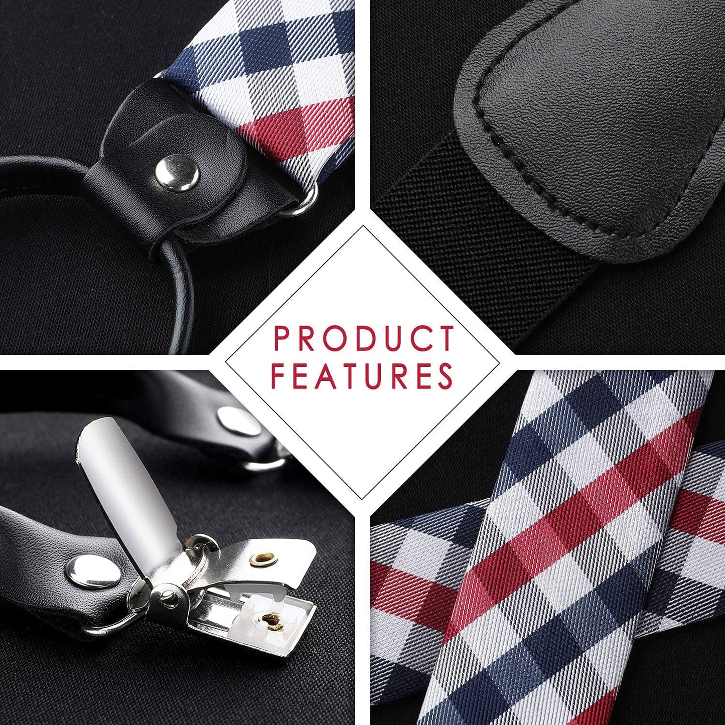 Hisdern Plaid Suspenders Bow Tie Set Red White Pattern Accessories