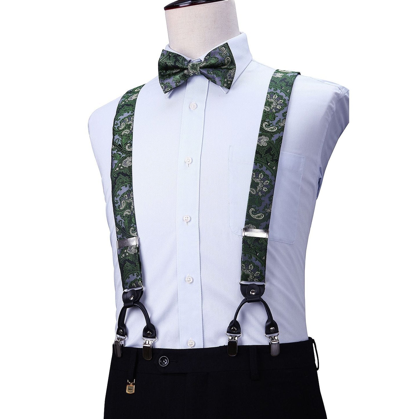 Hisdern Paisley Suspenders Pre-tied Bow Tie Set Green Formal Accessories