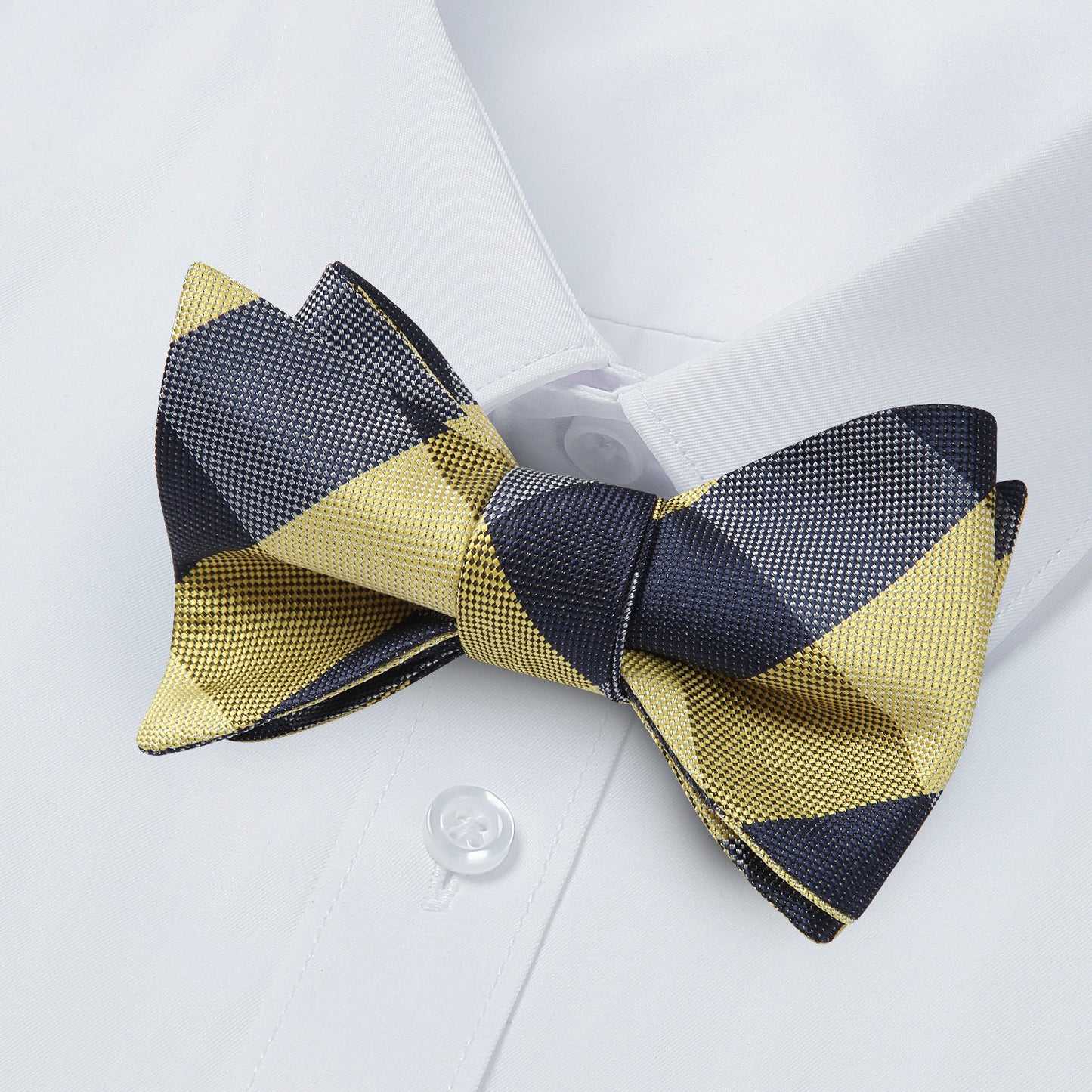 Hisdern Navy Blue Yellow Plaid Bow Tie Set For Special Occasions